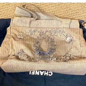 Chanel CC striped denim canvas shopper tote